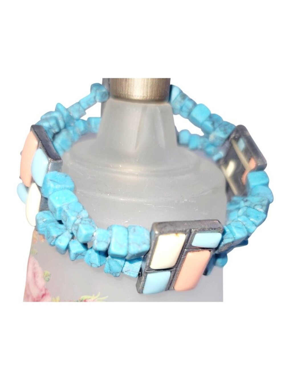 Vintage Boho Southwestern White Blue Turquoise Chips Beaded Stretch Bracelet - Picture 1 of 7